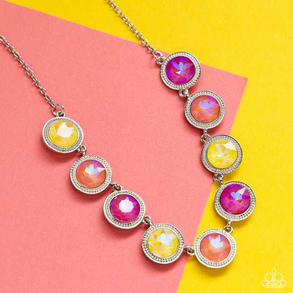 QUEEN OF THE COSMOS - YELLOW ORANGE PINK IRIDESCENT GEM SILVER NECKLACE - PAPARAZZI