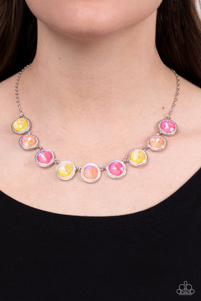 QUEEN OF THE COSMOS - YELLOW ORANGE PINK IRIDESCENT GEM SILVER NECKLACE - PAPARAZZI