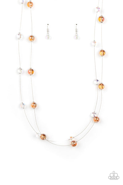 INTERSTELLAR ILLUSIONS - MULTI ORANGE AND IRIDESCENT BEAD SILVER WIRE LAYERED NECKLACE - PAPARAZZI