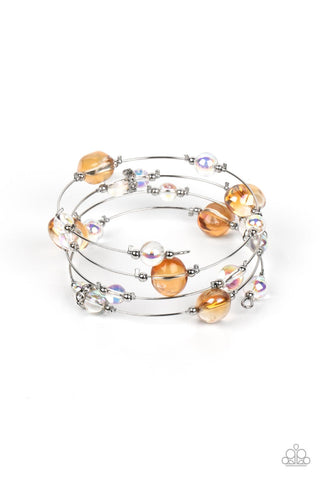 OPTICAL AURAS - MULTI ORANGE AND IRIDESCENT BEAD SILVER WIRE COIL BRACELET - PAPARAZZI