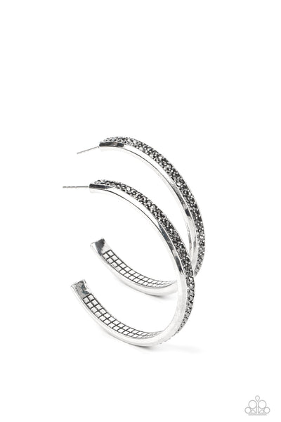 FLASH FREEZE - SILVER HEMATITE RHINESTONE HOOP EARRINGS - PAPARAZZI
