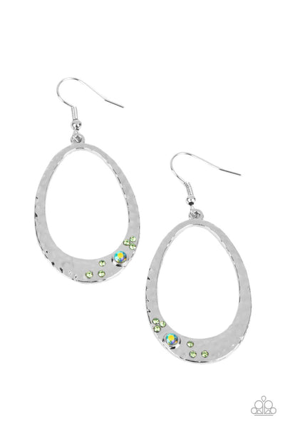 SEAFOAM SHIMMER - GREEN IRIDESCENT RHINESTONE SILVER TEARDROP EARRINGS - PAPARAZZI