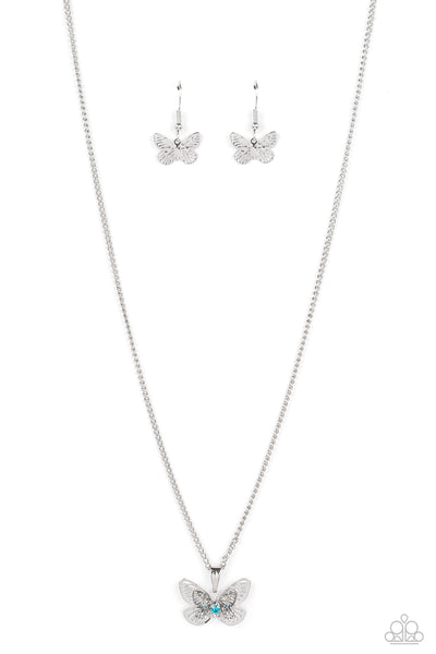 HIGH-FLYING FASHION - BLUE RHINESTONE SILVER BUTTERFLY NECKLACE - PAPARAZZI