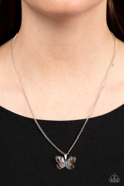 HIGH-FLYING FASHION - BLUE RHINESTONE SILVER BUTTERFLY NECKLACE - PAPARAZZI