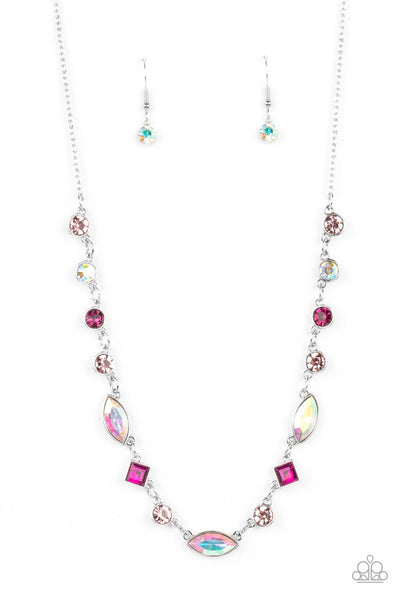 IRRESISTIBLE HEIR-IDESCENCE - PINK AND IRIDESCENT GEM RHINESTONE SILVER NECKLACE - PAPARAZZI