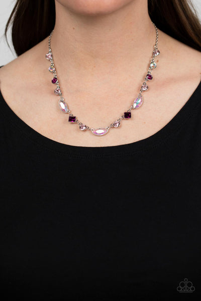 IRRESISTIBLE HEIR-IDESCENCE - PINK AND IRIDESCENT GEM RHINESTONE SILVER NECKLACE - PAPARAZZI