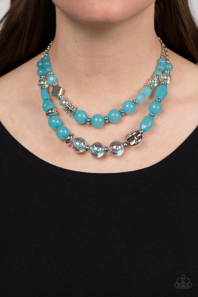 MERE MAGIC - BLUE IRIDESCENT AND SILVER BEAD LAYERED NECKLACE - PAPARAZZI