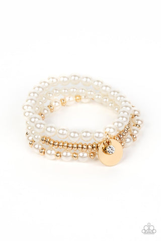 PEARLY PROFESSIONAL - GOLD BEAD WHITE PEARL AND CRYSTAL STRETCHY BRACELET - PAPARAZZI