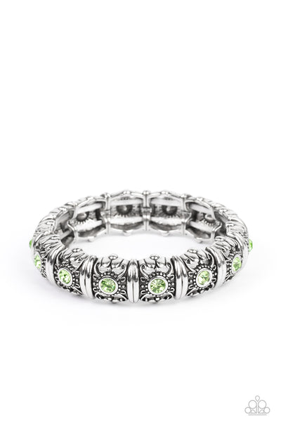 AGELESS GLOW - GREEN RHINESTONE SILVER STRETCHY BRACELET - PAPARAZZI
