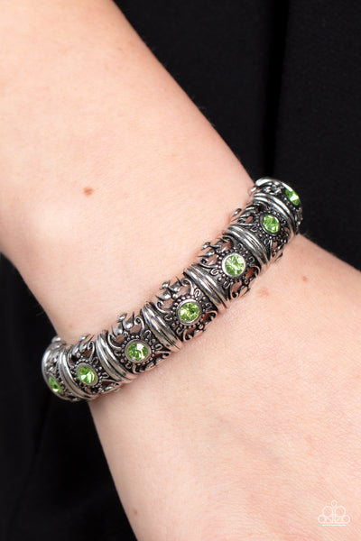 AGELESS GLOW - GREEN RHINESTONE SILVER STRETCHY BRACELET - PAPARAZZI