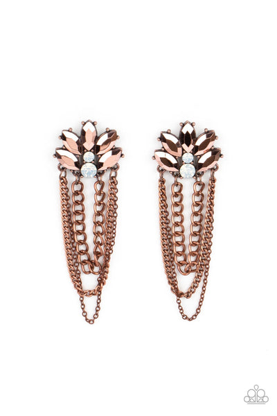 REACH FOR THE SKYSCRAPERS - COPPER RHINESTONE CHAIN POST EARRINGS - PAPARAZZI