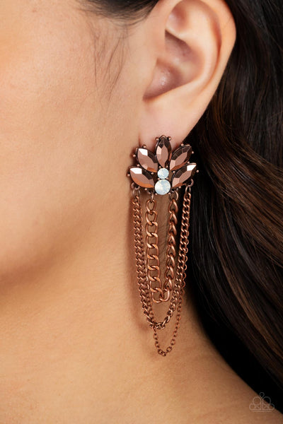 REACH FOR THE SKYSCRAPERS - COPPER RHINESTONE CHAIN POST EARRINGS - PAPARAZZI