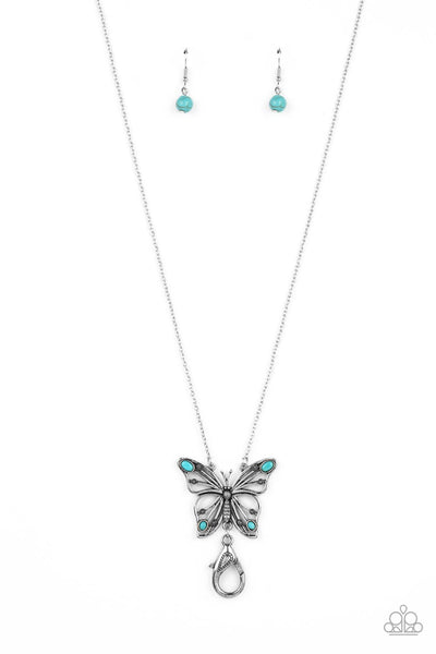 BADLANDS BUTTERFLY - BLUE TURQUOISE SILVER LANYARD NECKLACE - PAPARAZZI