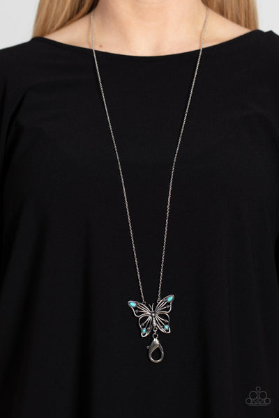 BADLANDS BUTTERFLY - BLUE TURQUOISE SILVER LANYARD NECKLACE - PAPARAZZI