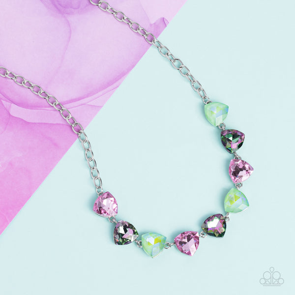 DREAMY DRAMA - GREEN AND PINK IRIDESCENT GEM SILVER NECKLACE - PAPARAZZI