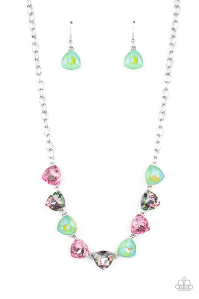 DREAMY DRAMA - GREEN AND PINK IRIDESCENT GEM SILVER NECKLACE - PAPARAZZI