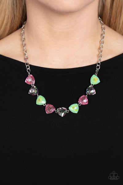 DREAMY DRAMA - GREEN AND PINK IRIDESCENT GEM SILVER NECKLACE - PAPARAZZI