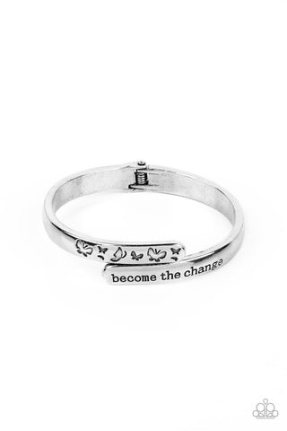 WINGS OF CHANGE - SILVER INSPIRATIONAL OVERLAPPING HINGE BRACELET - PAPARAZZI