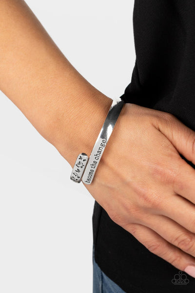WINGS OF CHANGE - SILVER INSPIRATIONAL OVERLAPPING HINGE BRACELET - PAPARAZZI