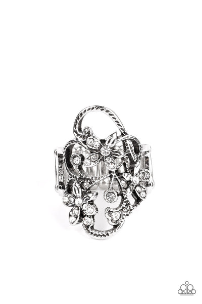 FLIRTATIOUSLY FLOWERING - WHITE RHINESTONE SILVER FLORAL RING - PAPARAZZI