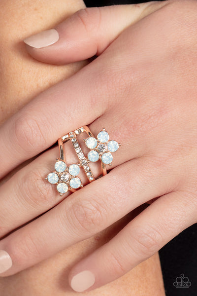 PRECIOUS PETALS - ROSE GOLD OPALESCENT RHINESTONE FLORAL RING - PAPARAZZI