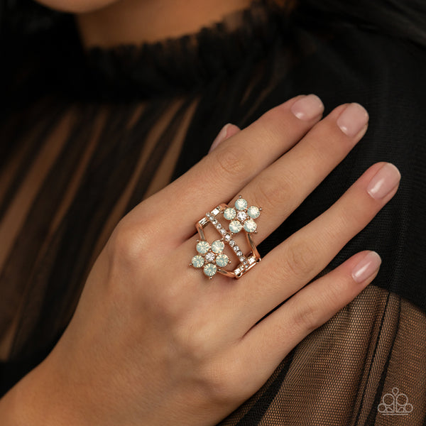 PRECIOUS PETALS - ROSE GOLD OPALESCENT RHINESTONE FLORAL RING - PAPARAZZI