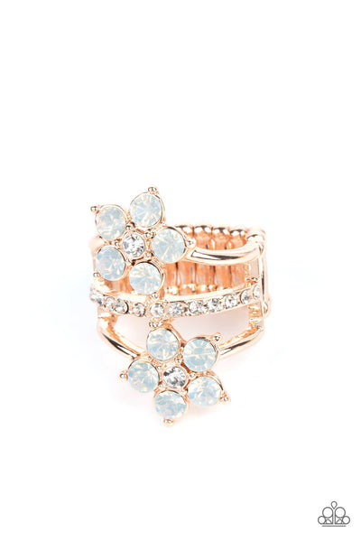 PRECIOUS PETALS - ROSE GOLD OPALESCENT RHINESTONE FLORAL RING - PAPARAZZI