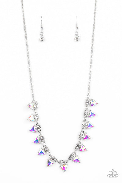 RAZOR-SHARP REFINEMENT - WHITE CIRCLE AND IRIDESCENT TRIANGLE GEM SILVER NECKLACE - PAPARAZZI