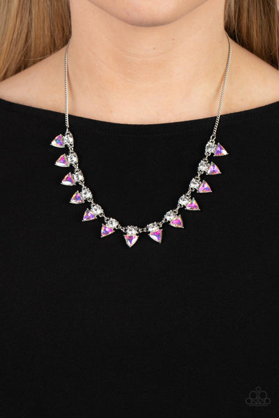 RAZOR-SHARP REFINEMENT - WHITE CIRCLE AND IRIDESCENT TRIANGLE GEM SILVER NECKLACE - PAPARAZZI