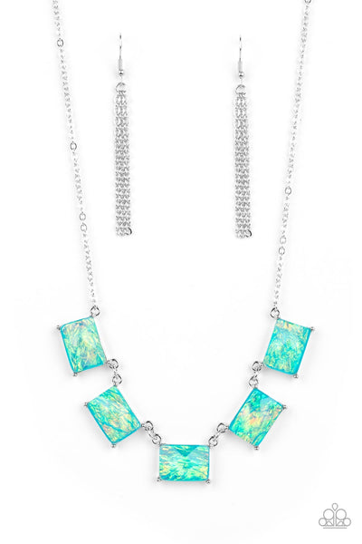 OPALESCENT OBLIVION - BLUE OPALESCENT RECTANGLE GEM SILVER NECKLACE - PAPARAZZI