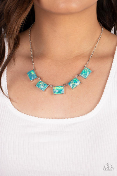 OPALESCENT OBLIVION - BLUE OPALESCENT RECTANGLE GEM SILVER NECKLACE - PAPARAZZI