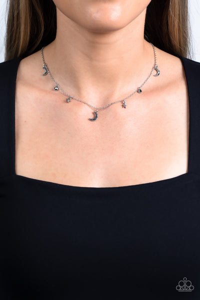 LUNAR LAGOON - SILVER HEMATITE RHINESTONE MOON AND STAR DAINTY NECKLACE - PAPARAZZI