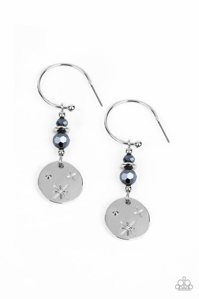 ARTIFICIAL STARLIGHT - BLUE METALLIC CRYSTAL BEAD STAR SILVER DISC TINY HOOP EARRINGS - PAPARAZZI