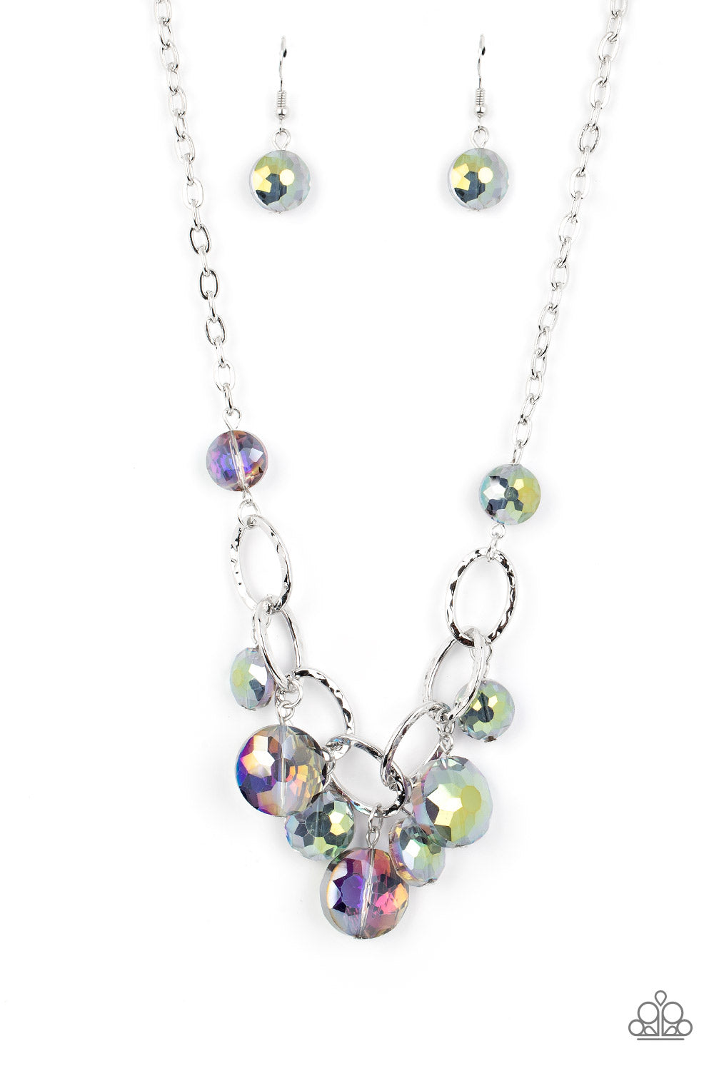RHINESTONE RIVER - MULTI OIL SPILL CLEAR BEAD SILVER NECKLACE - PAPARAZZI