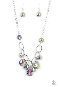RHINESTONE RIVER - MULTI OIL SPILL CLEAR BEAD SILVER NECKLACE - PAPARAZZI