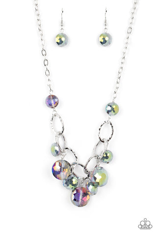 RHINESTONE RIVER - MULTI OIL SPILL CLEAR BEAD SILVER NECKLACE - PAPARAZZI