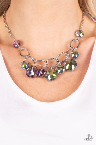 RHINESTONE RIVER - MULTI OIL SPILL CLEAR BEAD SILVER NECKLACE - PAPARAZZI