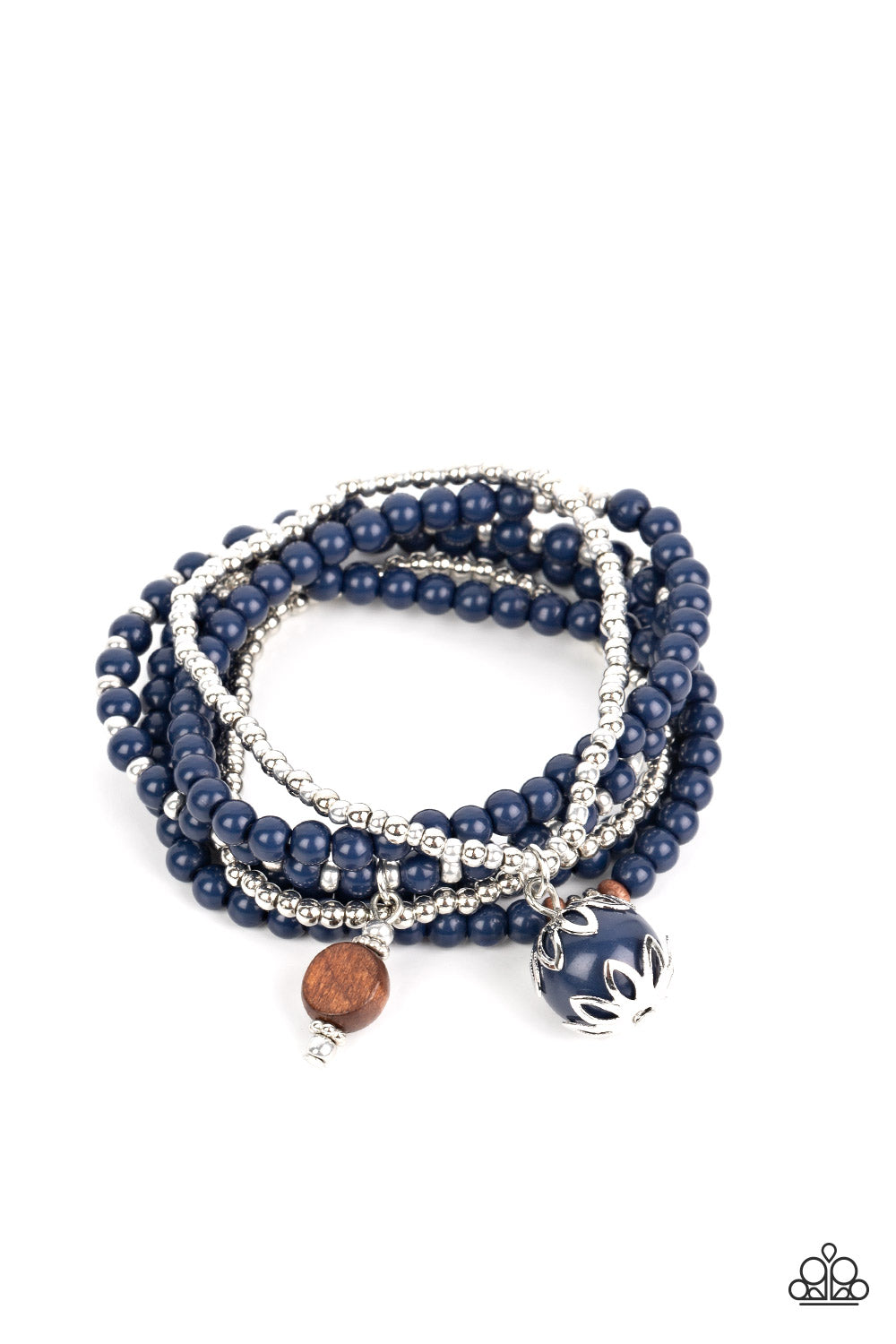 EPIC ESCAPADE - BLUE AND SILVER BROWN WOODEN BEAD STRETCHY BRACELET SET - PAPARAZZI
