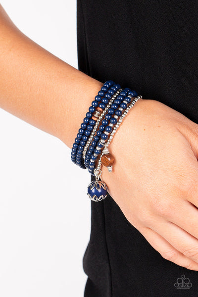 EPIC ESCAPADE - BLUE AND SILVER BROWN WOODEN BEAD STRETCHY BRACELET SET - PAPARAZZI