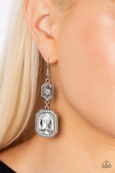 STARRY-EYED SPARKLE - WHITE GEM AND RHINESTONE SILVER EARRINGS - PAPARAZZI