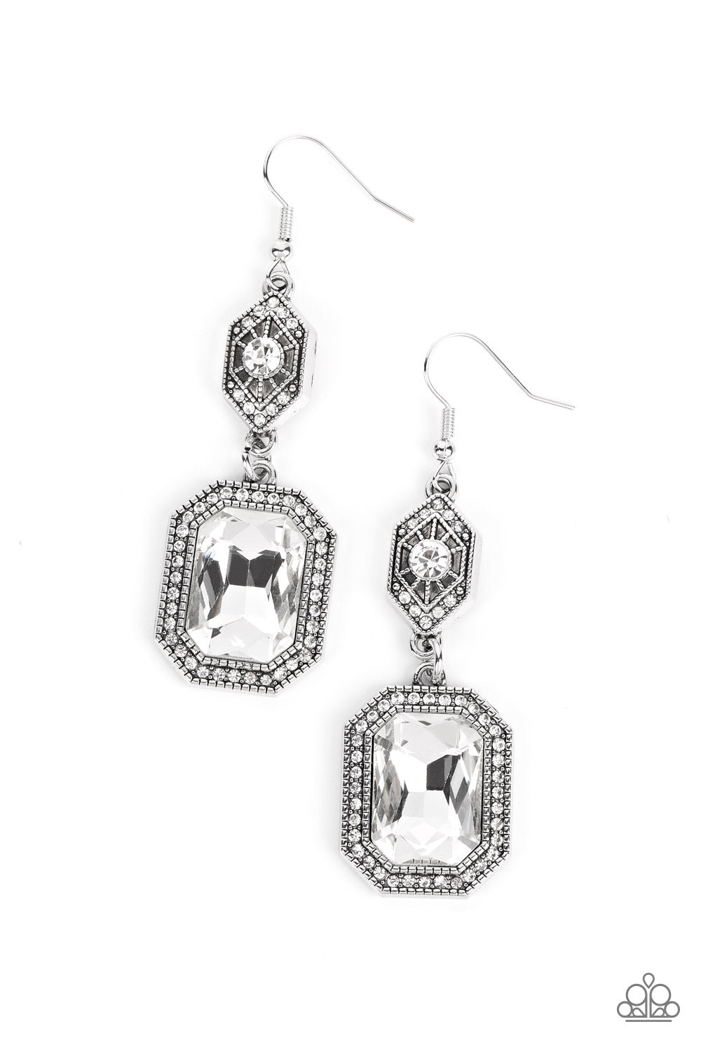 STARRY-EYED SPARKLE - WHITE GEM AND RHINESTONE SILVER EARRINGS - PAPARAZZI