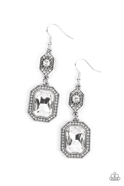 STARRY-EYED SPARKLE - WHITE GEM AND RHINESTONE SILVER EARRINGS - PAPARAZZI