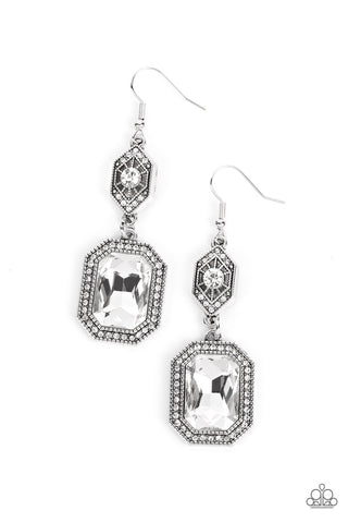 STARRY-EYED SPARKLE - WHITE GEM AND RHINESTONE SILVER EARRINGS - PAPARAZZI