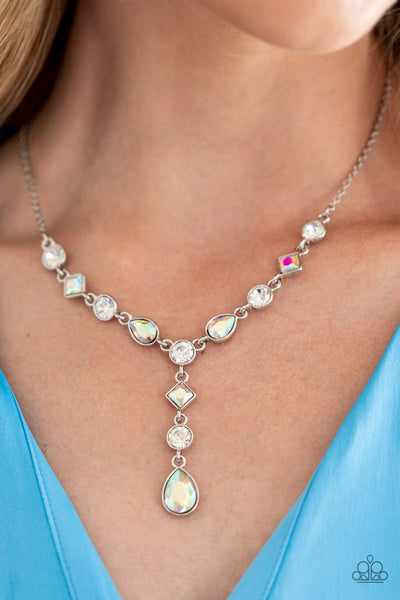 FORGET THE CROWN - MULTI IRIDESCENT AND WHITE GEM SILVER Y NECKLACE - PAPARAZZI - AUGUST 2022 LIFE OF THE PARTY EXCLUSIVE