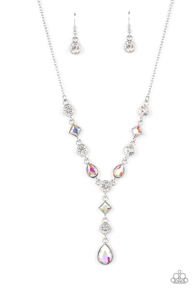 FORGET THE CROWN - MULTI IRIDESCENT AND WHITE GEM SILVER Y NECKLACE - PAPARAZZI - AUGUST 2022 LIFE OF THE PARTY EXCLUSIVE