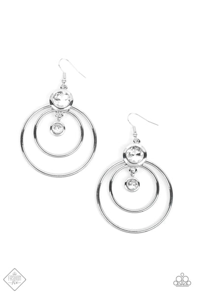 DAPPERLY DELUXE - WHITE RHINESTONE SILVER CIRCLE EARRINGS - PAPARAZZI FASHION FIX NOVEMBER 2022