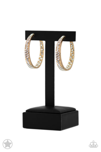 GLITZY BY ASSOCIATION - GOLD RHINESTONE HOOP EARRINGS - BLOCKBUSTER - PAPARAZZI