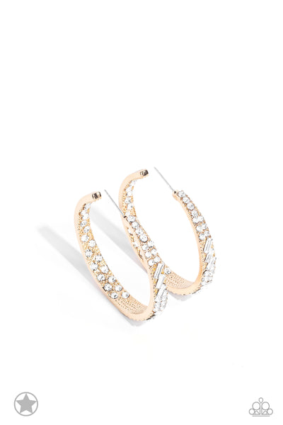 GLITZY BY ASSOCIATION - GOLD RHINESTONE HOOP EARRINGS - BLOCKBUSTER - PAPARAZZI