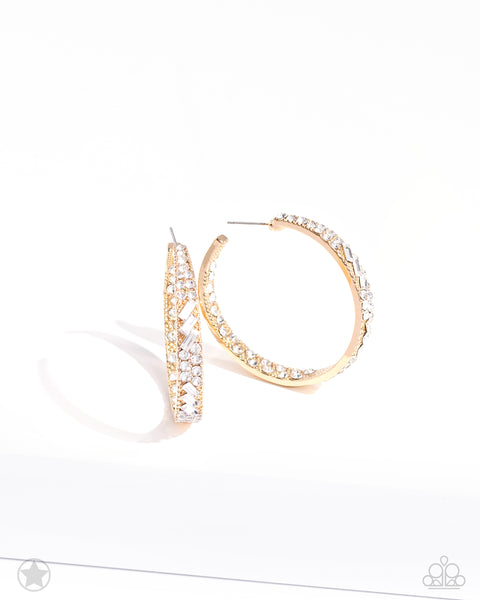 GLITZY BY ASSOCIATION - GOLD RHINESTONE HOOP EARRINGS - BLOCKBUSTER - PAPARAZZI