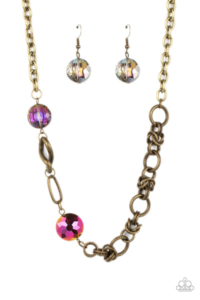 CELESTIALLY CELTIC - BRASS CHAIN OIL SPILL GEM NECKLACE - PAPARAZZI